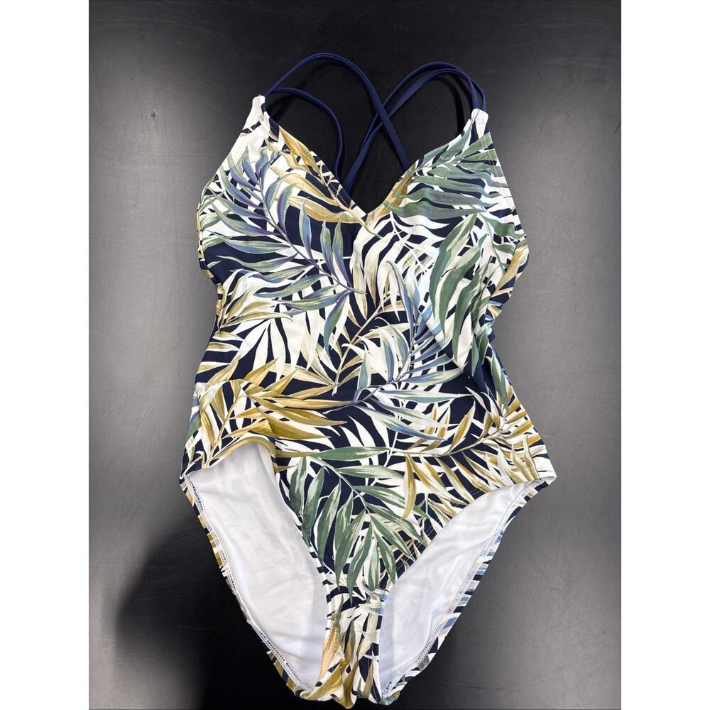 NWT Hurley Medium Green Black Leaves Pad Bra One Piece Swimsuit Strappy Back